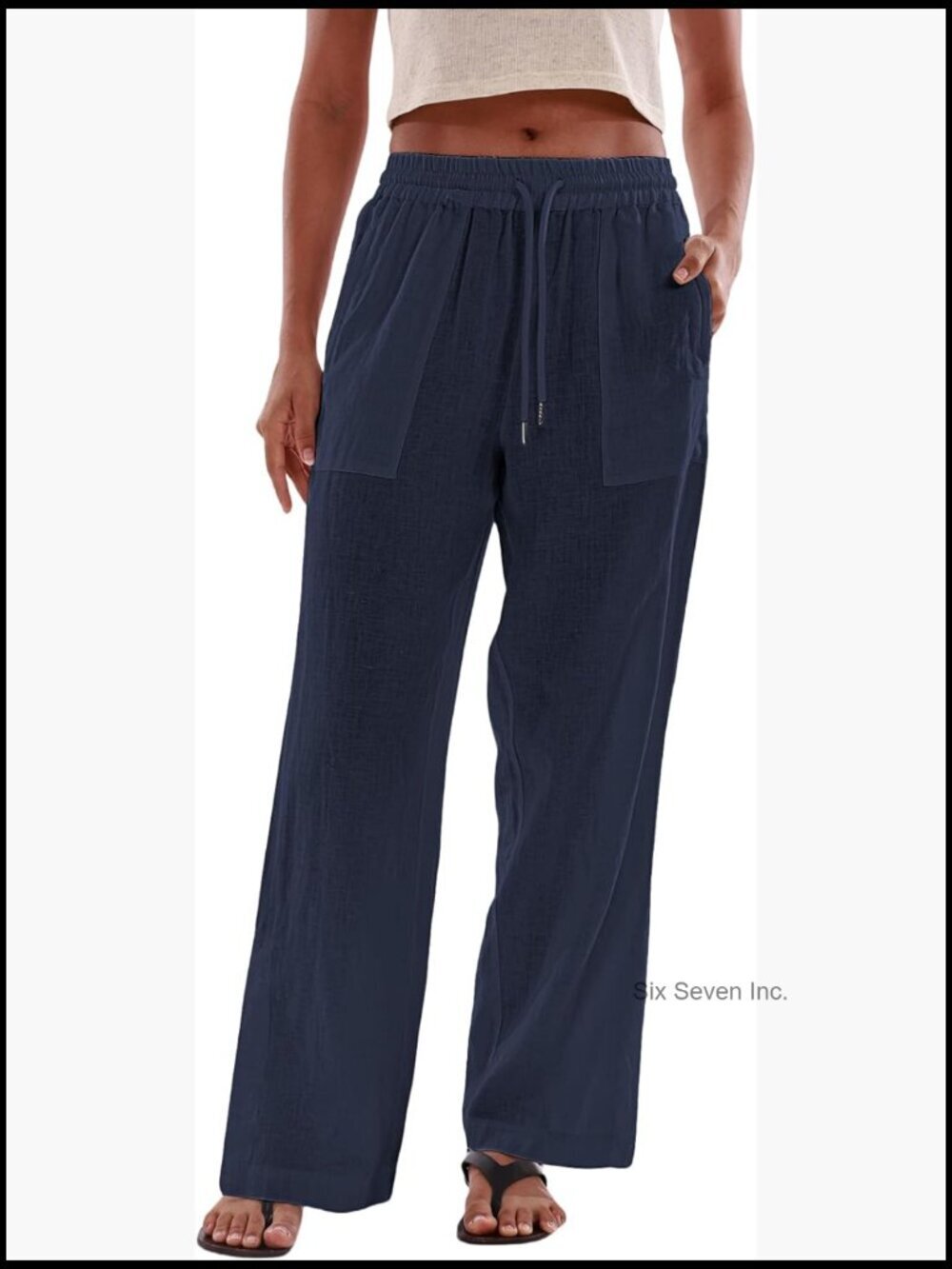 100% Linen Wide Leg Elastic Lounge Pants with Pockets